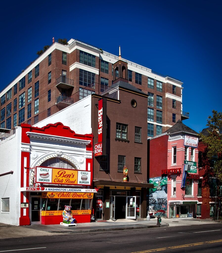 In daylight, a brown restaurant building in Washington, D.C. 