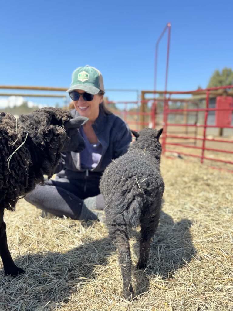 A women kneeling and saying hello to two black sheep in an outdoor pen.